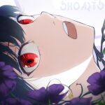 1girl artist_name black_hair blurry blurry_foreground close-up earrings flower highres jewelry looking_at_viewer open_mouth purple_flower red_eyes shadow solo spy_x_family teeth timruya upper_teeth_only yor_briar 