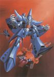  1980s_(style) gundam hambrabi machinery mecha military mobile_suit no_humans official_art ookawara_kunio open_hatch production_art retro_artstyle robot scan science_fiction space spacecraft starfighter taking_off thrusters zeta_gundam 