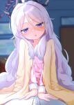  1girl absurdres ahoge blue_archive blush demon_horns highres hina_(blue_archive) horns humeiyo long_hair looking_at_viewer open_mouth pajamas pink_pajamas pink_shirt polka_dot polka_dot_pajamas shirt sidelocks sitting sitting_on_person very_long_hair violet_eyes white_hair white_shirt 