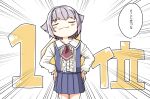  1girl blue_skirt blush_stickers center_frills closed_eyes closed_mouth collared_shirt emphasis_lines facing_viewer frills hair_flaps hair_intakes hands_on_own_hips idolmaster idolmaster_cinderella_girls idolmaster_cinderella_girls_starlight_stage koshimizu_sachiko pleated_skirt shirt simple_background skirt solo standing suspender_skirt suspenders translation_request white_background white_shirt yukie_(kusaka_shi) 