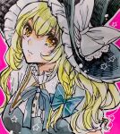  1girl akaioringo2023 black_headwear blonde_hair bow braid collared_shirt green_bow hair_bow hat hat_bow kirisame_marisa long_hair neck_ribbon ribbon shirt single_braid solo star_(symbol) touhou traditional_media white_bow white_shirt witch_hat yellow_eyes 