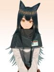  1girl :/ absurdres animal_ears arknights black_capelet black_hair capelet closed_mouth high_collar highres id_card jacket lanyard long_hair long_sleeves looking_at_viewer nonoa simple_background solo texas_(arknights) upper_body white_jacket yellow_eyes 