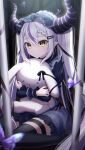  1girl absurdres black_dress black_thighhighs demon_horns dress grey_hair hair_ornament hairpin highres hololive horns hugging_doll hugging_object la+_darknesss lolita_fashion long_hair mia_(mk2022) multicolored_hair pointy_ears purple_hair solo streaked_hair thigh-highs thigh_strap twintails very_long_hair virtual_youtuber yellow_eyes 
