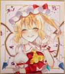  1girl ascot blonde_hair closed_eyes crystal_wings flandre_scarlet hat hat_ribbon highres mob_cap puffy_short_sleeves puffy_sleeves red_ribbon red_vest ribbon rukuthii45 shirt short_sleeves smile solo touhou upper_body vest white_headwear white_shirt yellow_ascot 