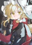  1girl absurdres black_gloves black_jacket blonde_hair bow braid buttons chu_(yuzumeno) gloves hair_bow hat hat_bow highres jacket juliet_sleeves kirisame_marisa long_hair long_sleeves looking_at_viewer puffy_sleeves red_scarf scarf single_braid solo touhou white_bow witch_hat yellow_eyes 