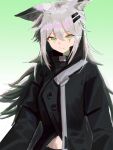  1girl absurdres animal_ears arknights black_coat closed_mouth coat green_background green_eyes hair_between_eyes hair_ornament highres lappland_(arknights) long_hair long_sleeves looking_at_viewer nonoa scar scar_across_eye simple_background smile solo upper_body white_hair 