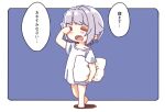  1girl barefoot blue_background blush_stickers carrying carrying_under_arm closed_eyes grey_hair hair_flaps hair_intakes hand_up idolmaster idolmaster_cinderella_girls idolmaster_cinderella_girls_starlight_stage koshimizu_sachiko open_mouth pillow rubbing_eyes shadow shirt short_sleeves solo standing translation_request two-tone_background walking white_background white_shirt yukie_(kusaka_shi) 