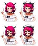  1girl absurdres bare_shoulders beret black_choker blue_eyes blush bob_cut bow choker choppy_bangs closed_mouth commentary cross-shaped_pupils ddolbang dress earrings empire_waist english_commentary frilled_dress frills glasses hand_on_own_hip hat hat_bow heterochromia highres hololive hololive_english horns index_finger_raised irys_(casualrys)_(hololive) irys_(hololive) jewelry looking_at_viewer nail_polish necklace official_alternate_costume official_alternate_hairstyle pink_eyes pink_nails pointy_ears redhead short_hair sideways_glance simple_background single_earring sleeveless sleeveless_dress smile smug solo spaghetti_strap sparkle_print split_mouth swept_bangs symbol-shaped_pupils upper_body variations virtual_youtuber white_background white_dress white_headwear 