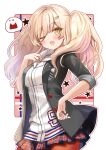  1girl ;d black_jacket blonde_hair blush brown_eyes commentary_request eyes_visible_through_hair hair_ornament hair_over_one_eye hairclip hand_up highres jacket long_hair looking_at_viewer motoi_ayumu nijisanji nui_sociere one_eye_closed open_clothes open_jacket orange_pantyhose outline pantyhose plaid plaid_skirt skirt smile solo star_(symbol) twintails virtual_youtuber white_background white_jacket white_outline 