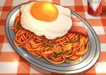  bacon bottle food food_focus fried_egg green_pepper highres hot_sauce kaneko_ryou napolitan no_humans original pasta spaghetti table tray 