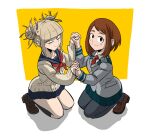  2girls absurdres bags_under_eyes black_pantyhose blonde_hair blue_sailor_collar blunt_bangs blush_stickers boku_no_hero_academia brown_cardigan brown_eyes brown_hair cardigan commentary_request double_bun grey_jacket hair_bun highres holding_hands interlocked_fingers jacket kneeling loafers medium_hair messy_hair miniskirt multiple_girls narrowed_eyes neckerchief necktie pantyhose ponkotsu-kun red_neckerchief red_necktie sailor_collar school_uniform serafuku shoes skirt sleeves_past_wrists toga_himiko u.a._school_uniform uraraka_ochako yellow_eyes 