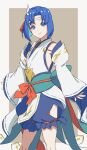  1girl aduti_momoyama blue_eyes blue_hair blue_shorts catria_(fire_emblem) catria_(winds_offered)_(fire_emblem) closed_mouth detached_sleeves fire_emblem fire_emblem:_mystery_of_the_emblem fire_emblem_heroes hair_intakes headband highres legs_apart long_sleeves official_alternate_costume puffy_shorts short_hair shorts sleeves_past_wrists smile solo standing white_headband white_sleeves 