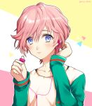  1boy a3! androgynous black_tank_top blush closed_mouth earphones earphones green_sleeves long_sleeves looking_at_viewer male_focus mia5512 multicolored_background pink_background pink_hair sakisaka_muku shirt short_hair solo tank_top violet_eyes white_background yellow_background yellow_shirt 