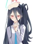  &lt;key&gt;_(blue_archive) 1girl absurdres aqua_necktie averting_eyes black_hair blue_archive blush disembodied_limb hair_between_eyes half-closed_eyes halo headpat highres looking_down necktie one_side_up pov pov_hands red_eyes shirt showtime775 simple_background smile sweatdrop upper_body white_background white_shirt 