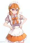  1girl :t absurdres apron artist_name blush bow breasts buttons closed_mouth commentary_request dress frilled_apron frills hands_on_own_hips highres looking_at_viewer love_live! love_live!_superstar!! maid maid_apron maid_headdress medium_hair orange_bow orange_hair pout puff_of_air puffy_short_sleeves puffy_sleeves ribbon shibuya_kanon short_sleeves simple_background solo standing upper_body violet_eyes waist_apron white_apron white_background yellow_ribbon yzlkun 