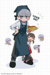  1boy 1girl ^_^ apron black_footwear black_pants blue_apron brown_hair btmr_game carrot chibi closed_eyes closed_mouth doujima_nanako fish food full_body grey_eyes grey_hair hand_on_own_hip head_scarf highres holding holding_plate multiple_views narukami_yuu omelet omurice open_mouth pants persona persona_4 pink_footwear plate shirt simple_background slippers sparkle standing white_shirt 