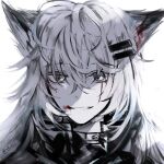  1girl animal_ears arknights blood blood_on_face grey_eyes grin hair_between_eyes hair_ornament hairclip lappland_(arknights) long_hair looking_at_viewer messy_hair muted_color onun parted_lips portrait simple_background smile solo twitter_username white_background white_hair 