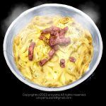  artist_name black_background bowl carbonara_(food) copyright_notice email_address food food_focus highres meat no_humans original pasta steam uroyama_(macrophage) 