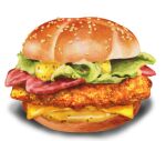  bread burger cheese chicken_(food) fast_food food food_focus lettuce no_humans original sesame_seeds tomato tomato_slice white_background yajirushi_(yajiru4) 