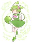  1girl :3 absurdres alternate_costume arms_behind_back ascot bloomers blush bow closed_mouth commentary enmaided flat_chest frilled_sleeves frills full_body green_bow green_footwear green_hair green_skirt heart highres long_hair looking_at_viewer low_ponytail maid maid_headdress medium_bangs pink_ascot pink_bow puffy_short_sleeves puffy_sleeves shirt shoes short_sleeves skirt smile sneakers socks solo standing standing_on_one_leg star_(symbol) suspender_skirt suspenders tamotsu_(mary) voicevox white_bloomers white_shirt white_socks yellow_eyes zundamon 