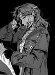  1girl 1other black_background blood blood_on_clothes blood_on_face braces closed_mouth coat collared_shirt dress gloves greyscale gyeol_124 highres long_hair long_sleeves looking_at_viewer monochrome reverse:1999 shirt shirt_grab solo_focus tooth_fairy_(reverse:1999) 