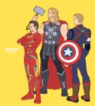  3boys arc_reactor armor artist_name avengers_(series) back bare_shoulders beard black_pants blonde_hair blue_bodysuit blue_eyes bodysuit boots braid brown_eyes brown_footwear brown_hair cape captain_america crossed_arms english_commentary english_text facial_hair fingernails full_armor full_body grey_armor grey_footwear grey_shirt hand_up highres holding holding_shield holding_weapon iron_man light_brown_hair long_hair looking_to_the_side male_focus marvel marvel_cinematic_universe mjolnir_(marvel) multicolored_armor multiple_boys muscular muscular_male pants ponsu_(ponzuxponzu) power_armor red_armor red_cape shield shirt short_hair simple_background sleeveless sleeveless_shirt standing star_(symbol) steve_rogers striped superhero thor_(marvel) tony_stark v-shaped_eyebrows weapon yellow_armor yellow_background 