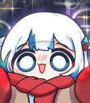  1girl :3 :d blue_eyes chibi eiul gawr_gura highres hololive hololive_english looking_at_viewer meme pov_cheek_warming_(meme) red_scarf scarf smile solo virtual_youtuber white_hair 