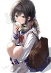  1girl absurdres aoi_saki_(senpai_wa_otokonoko) bag baozi blue_sailor_collar blue_skirt blush bow bowtie brown_bag brown_eyes brown_hair brown_scarf commentary_request cross-laced_footwear food food_in_mouth hair_intakes highres holding holding_food hugging_own_legs knees_up long_sleeves looking_at_viewer plaid plaid_scarf pleated_skirt pomu_(joynet) red_bow red_bowtie sailor_collar scarf school_bag school_uniform senpai_wa_otokonoko serafuku shirt short_hair shoulder_bag signature simple_background sitting skirt socks solo white_background white_footwear white_shirt white_socks 