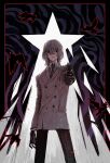  1boy absurdres akechi_gorou bird black_eyes black_gloves black_pants closed_mouth collared_shirt gloves gun hair_between_eyes hair_over_one_eye handgun highres holding holding_gun holding_weapon jacket long_sleeves looking_at_viewer male_focus necktie pants persona persona_5 shirt solo star_(symbol) striped_necktie weapon white_shirt wl8tca 