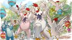  3others animal_costume balloon bird chicken cosplay dated final_fantasy final_fantasy_xiv flying_sweatdrops full_body hands_up highres kigurumi multiple_others official_art okamoto_koudai open_mouth outdoors rabbit_costume signature 