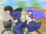  1boy 1girl bag bicycle bicycle_basket blue_sailor_collar blue_skirt double_bun glasses hair_bun mousse_(ranma_1/2) open_mouth ranma_1/2 red_ribbon ribbon sailor_collar shampoo_(ranma_1/2) sitting skirt wanta_(futoshi) 
