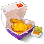  box chicken_(food) chicken_nuggets commentary fast_food food food_focus highres logo mcdonald&#039;s miri_illust no_humans original sauce sauce_packet white_background 