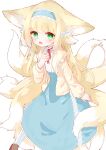  1girl absurdres animal_ears arknights blonde_hair blue_hairband blue_skirt cardigan cross-laced_clothes cross-laced_skirt cross-laced_slit fox_ears fox_girl fox_tail frilled_hairband frills green_eyes hairband hand_up high-waist_skirt highres kitsune kyuubi long_hair long_sleeves multiple_tails neck_ribbon open_mouth puffy_long_sleeves puffy_sleeves rano_u_rabe red_ribbon ribbon shirt simple_background skirt solo suzuran_(arknights) suzuran_(spring_praise)_(arknights) tail white_background white_shirt yellow_cardigan 