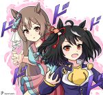  2girls absurdres ahoge animal_ears black_hair bow bowtie braid brooch brown_hair cosplay crazy_diamond crazy_diamond_(cosplay) diamond_wa_kudakenai dodododo ear_ornament french_braid gakuran goom_(goomyparty) grey_hair heart higashikata_josuke higashikata_josuke_(cosplay) highres horse_ears horse_girl jewelry jojo_no_kimyou_na_bouken kitasan_black_(umamusume) light_brown_hair long_hair long_sleeves looking_at_viewer multicolored_hair multiple_girls orange_eyes peace_symbol pun red_eyes satono_diamond_(umamusume) school_uniform short_hair stand_(jojo) streaked_hair twitter_username two-tone_hair two_side_up umamusume 