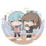  2girls black_jacket black_skirt blue_bow blue_bowtie blue_eyes blue_hair blush bow bowtie brown_hair cardigan cellphone character_name chibi closed_mouth food hair_between_eyes hair_ornament hair_ribbon hairclip holding jacket kantai_collection kumano_(kancolle) long_hair long_sleeves multiple_girls one_eye_closed phone picoli1313 pink_cardigan pleated_skirt ponytail ribbon selfie_stick skirt socks suzuya_(kancolle) thigh-highs v 