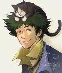  animal animal_on_head brown_eyes cat cat_on_head cowboy_bebop green_hair happy highres male_focus messy_hair necktie on_head shirt signature simple_background smile spike_spiegel spiky_hair teeth tscharlie4u yellow_shirt 