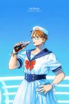  1boy ahoge america_(hetalia) axis_powers_hetalia blonde_hair blue_eyes blue_sailor_collar blue_sky bracelet coca-cola crossdressing dress glasses hand_on_own_hip jewelry looking_at_object male_focus necktie red_necktie sailor_collar short_hair short_sleeves sky soda_bottle to@st 