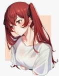  1girl absurdres black_ribbon blush brown_eyes commentary fire_emblem fire_emblem_awakening hair_ribbon highres long_hair redhead ribbon severa_(fire_emblem) shirt short_sleeves solo twintails upper_body white_shirt zedoraart 