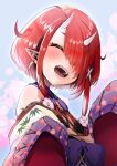  1girl closed_eyes earrings fangs hair_over_one_eye happy highres hoozuki_warabe horns jewelry kajimakoto noripro oni_horns open_mouth redhead smile solo virtual_youtuber 