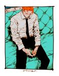  1boy alexander_(veil) belt blue_background cigarette cigarette_pack commentary couch dated from_above holding holding_cigarette_pack kotteri male_focus necktie on_couch orange_hair rectangle shirt short_hair sitting solo symbol-only_commentary veil_(manga) watch watch 