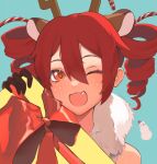  1girl :3 animal_ears antlers bare_shoulders blue_background blush candy candy_cane christmas commentary deer_ears drill_hair english_commentary fake_animal_ears fang food fur_collar gift gloves holding holding_gift ianxy2 kasane_teto looking_at_viewer one_eye_closed open_mouth red_eyes redhead reindeer_antlers smile solo twin_drills upper_body utau 