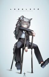  1girl a0lp alternate_costume alternate_hairstyle animal_ears arknights black_footwear character_name closed_mouth fang grey_eyes grey_hair grey_jacket grey_pants highres jacket lappland_(arknights) light_smile long_sleeves looking_at_viewer open_clothes open_jacket pants ponytail scar scar_across_eye shirt shirt_tucked_in simple_background sitting sitting_backwards solo suit tail white_background white_shirt 