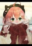  :&lt; ahoge animal_hat beret blush breath cable_knit cat_hat green_eyes hair_ornament hairclip hat hololive long_sleeves nonco_no open_mouth pink_hair plaid plaid_scarf sakura_miko scarf sleeve_bow sweater upper_body virtual_youtuber 