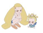  2girls ao_(ao0_0nemu) baby blonde_hair blue_shorts brown_eyes closed_mouth dual_persona fairy floral_print full_body hair_bobbles hair_ornament hands_on_own_cheeks hands_on_own_face highres long_hair looking_at_another makihatayama_hana multiple_girls ojamajo_doremi on_head open_mouth orange_footwear shirt shoes short_hair short_shorts shorts simple_background sitting smile squatting toto_(ojamajo_doremi) twintails very_long_hair white_background white_shirt wing_hair_ornament 