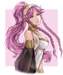  1girl artist_name braid breasts fire_emblem fire_emblem_awakening from_side hairband highres long_hair looking_at_viewer olivia_(fire_emblem) parted_lips pink_eyes pink_hair ponytail schereas smile solo twin_braids upper_body very_long_hair 