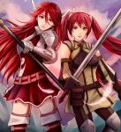  2girls armor artist_name belt brown_gloves cordelia_(fire_emblem) detached_sleeves dress feather_hair_ornament feathers fire_emblem fire_emblem_awakening gauntlets gloves hair_between_eyes hair_ornament highres holding holding_polearm holding_sword holding_weapon long_bangs long_hair mother_and_daughter multiple_girls polearm red_dress red_eyes redhead schereas severa_(fire_emblem) shoulder_armor smile sword thigh-highs twintails weapon 