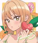  1girl bare_shoulders blonde_hair blush border closed_mouth commentary_request flower green_eyes green_ribbon hair_ribbon heart highres holding holding_heart inda_karane kimi_no_koto_ga_dai_dai_dai_dai_daisuki_na_100-nin_no_kanojo long_hair looking_at_viewer pink_flower ribbon simple_background solo spaghetti_strap sweatdrop white_border yellow_background yellow_flower yumemi_teer 