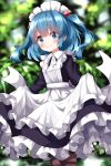  1girl apron blue_eyes blue_hair blurry blurry_background blush closed_mouth clothes_lift commentary_request hair_bobbles hair_ornament highres kawashiro_nitori lifted_by_self looking_at_viewer maid maid_headdress medium_hair ruu_(tksymkw) smile solo touhou two_side_up white_apron 