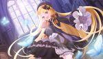  1girl :d abigail_williams_(fate) blonde_hair bloomers bow dutch_angle fate/grand_order fate_(series) flan_(f_l_an) hair_bow hat highres hugging_doll hugging_object indoors multiple_hair_bows orange_bow sleeves_past_fingers sleeves_past_wrists smile solo stuffed_animal stuffed_toy teddy_bear violet_eyes white_bloomers window 