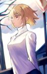  1girl antenna_hair arcueid_brunestud arms_behind_back black_skirt blonde_hair closed_mouth clouds commentary floating_hair hair_between_eyes jewelry long_sleeves necklace outdoors red_eyes short_hair skirt solo sweater tsukihime tsukihime_(remake) turtleneck turtleneck_sweater white_sweater yuzu_(pixiv_54192275) 